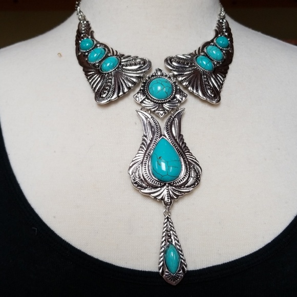 Boho Statement Necklace Turquoise Silvertone Set - Picture 6 of 7